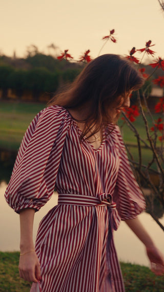 VESTIDO BUFANTE OLÍVIA LISTRADO MARSALA S25