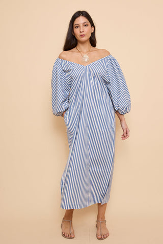 VESTIDO BUFANTE OLÍVIA LISTRADO AZUL JEANS S26